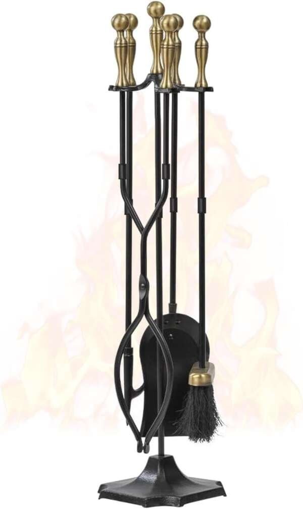 AMAGABELI Garden & Home 5 Pcs Fireplace Tools Brass Handles Wrought Iron Set Holder Indoor Outdoor Fireset Fire Pit Stand Rustic Tongs Shovel Brush Chimney Poker Wood Stove Hearth Accessories Kit